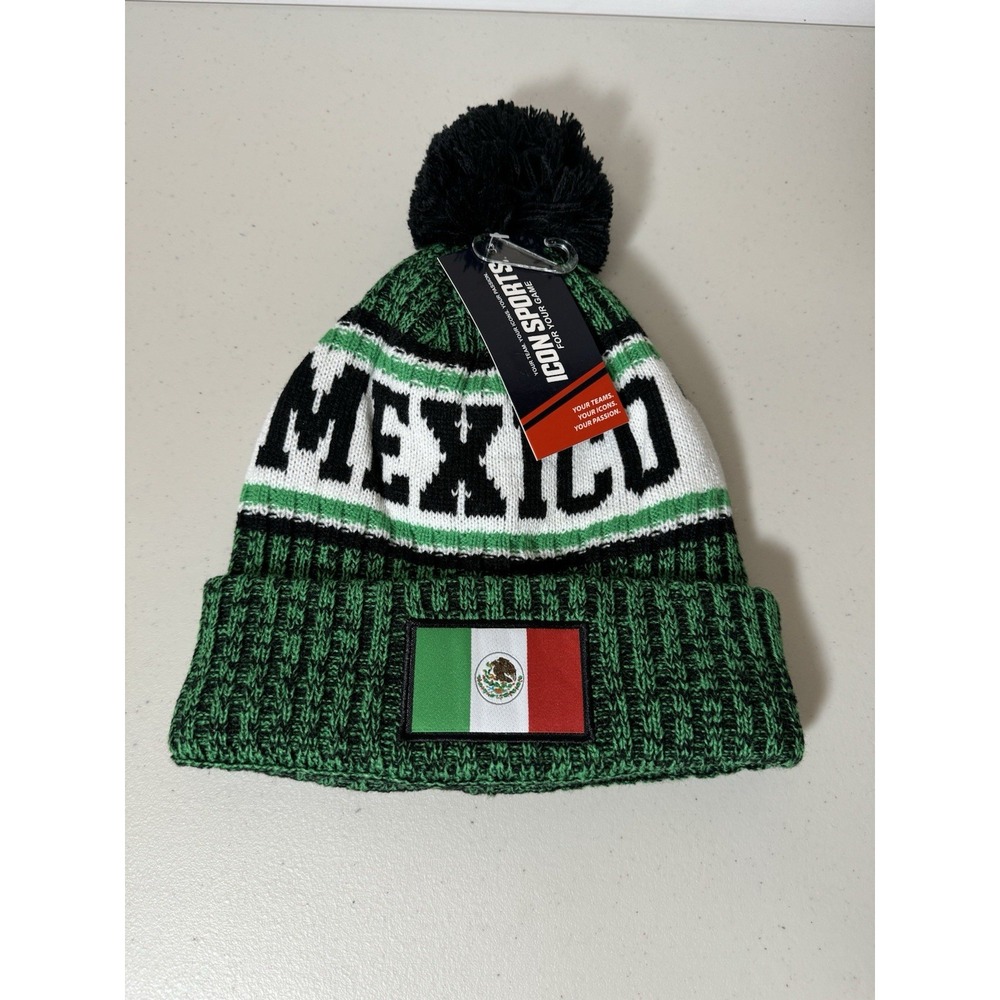 Icon Sports Mexico Beanie Unisex Hat Green Pom Pom‎ One Size Knit Soccer NEW